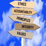 A post with direct signs with different words that describe ethics