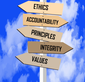 A post with direct signs with different words that describe ethics