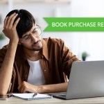 Man resting his head on his hand sitting in front of a laptop and a green banner that says Book Purchase Required