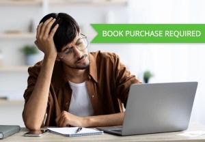 Man resting his head on his hand sitting in front of a laptop and a green banner that says Book Purchase Required