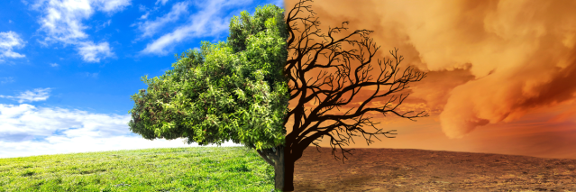 Split image showing a healthy green tree on a lush grassy field under a blue sky, contrasted with a dead tree on cracked soil beneath a smoky orange sky – symbolizing climate change.