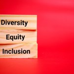 wooden board with the words Diversity, equity, inclusion. the concept of business education