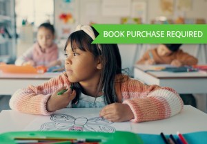 Girl, child and drawing in classroom with coloring, paper and art with butterfly, scholarship and distraction at academy. Kid, learning and development with insect, reflection and adhd at school